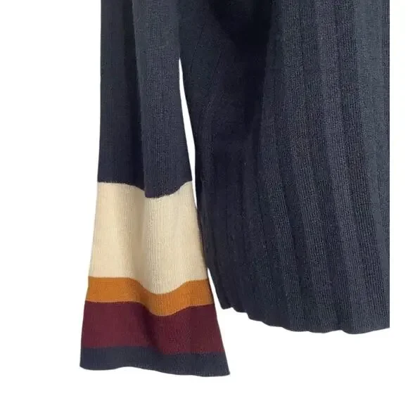 Cliche Navy Pleated Bell Sleeve Sweater Striped Cuffs Medium - Picture 4 of 7